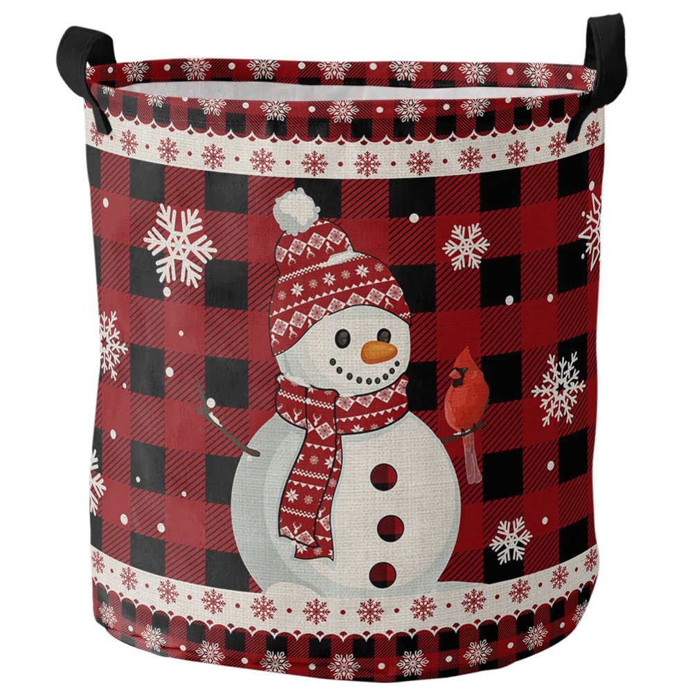 Laundry Basket Snowman Christmas Cardinal Bird Snowflake Red Buffalo Plaid,Waterproof Collapsible Clothes Hamper Xmas Robin,Large Storage Bag for Bedroom Bathroom