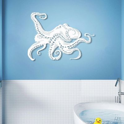 Metal Octopus Wall Art - Beach House Decor, Sea Life Theme - Wall Decor for Living Room, Bedroom, Bathroom (52"x39" | 131x100cm, White)
