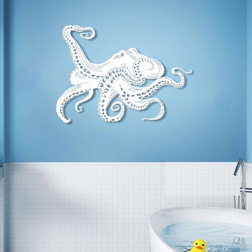 Metal Octopus Wall Art - Beach House Decor, Sea Life Theme - Wall Decor for Living Room, Bedroom, Bathroom (52"x39" | 131x100cm, White)