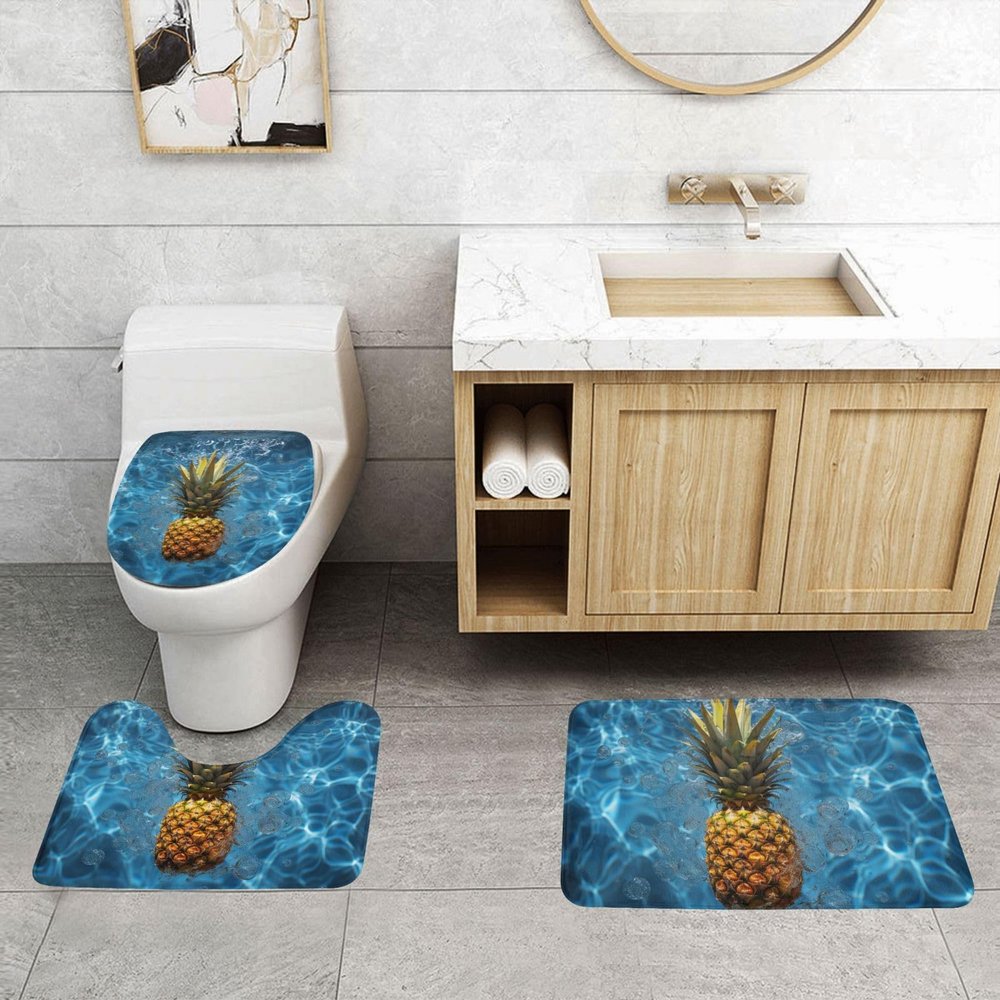 Bathroom Rugs Sets 3 Piece, Soft Absorbent Bath Rugs Pineapple in The Pool, U-Shaped Contour Toilet Rug and Toilet Lid Cover, Non-Slip Bath Mat Carpet for Bathroom Toilet