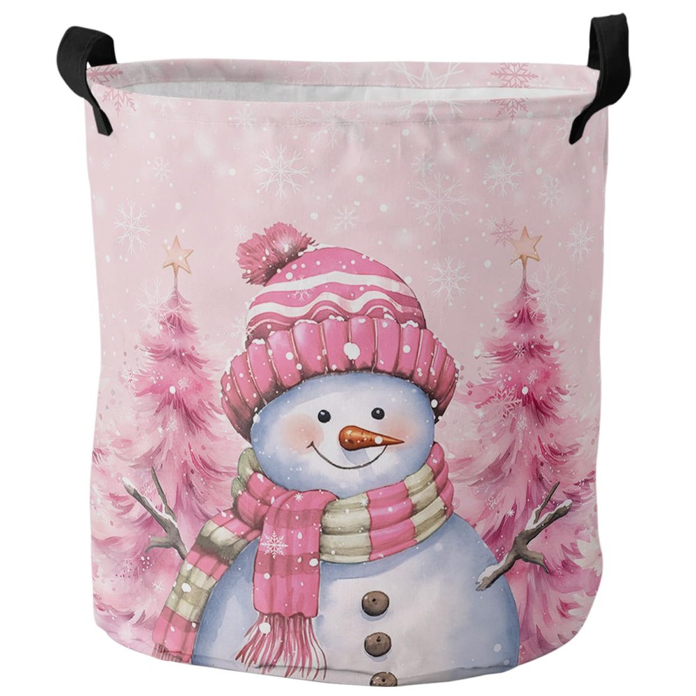 Laundry Basket Christmas Pink Snowman Xmas Tree,Waterproof Collapsible Clothes Hamper Winter Dense Snowflakes,Large Storage Bag for Bedroom Bathroom