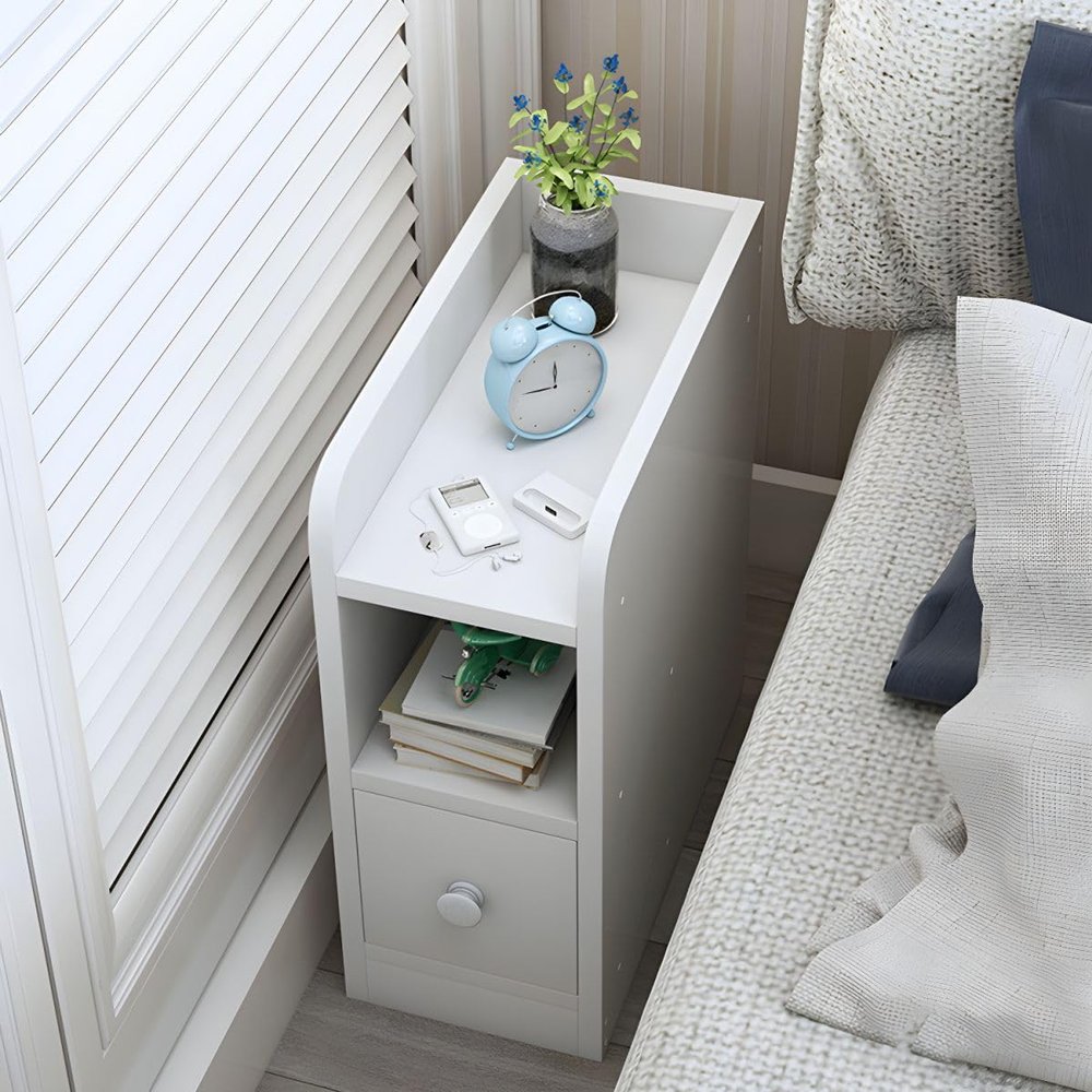 KWOKING Bed Nightstand Wooden Accent Table Nightstand Bedroom Narrow Edge Bedside Table Small Bedside Table Ultra Narrow Small Mini Cabinet White with 1 Drawer 1 Piece 8" L x 13" W x 20" H