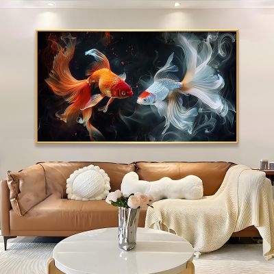 Koi Fish Canvas Wall Art, Fish Canvas Wall Art, Colorful Fish Wall Decor, Feng Shui Canvas Wall Art, Fish Decorations Wall, Decor Picture Living Room, Dining Room Wall Decor (Gold Frame, 30"x17" | 76x43cm)