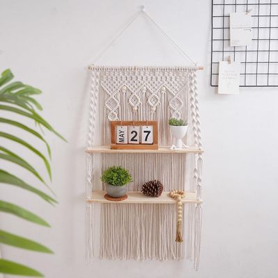 ADFLTFC Macrame Hanging Shelves for Wall, 2 Tier Wall Plant Hanger Shelves with Handmade Woven Rope,Rustic Wood Floating Shelf with Handmade Woven Rope for Kitchen, Bathroom, Home Storage