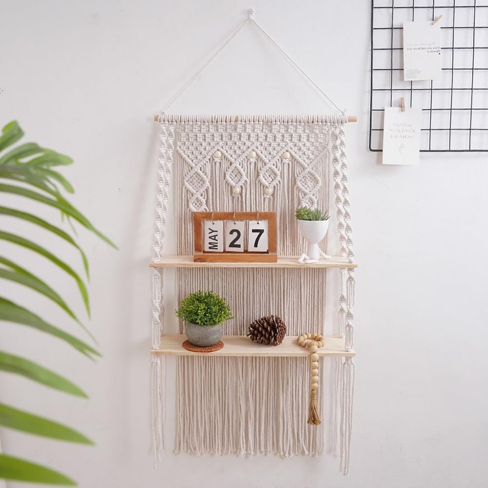 ADFLTFC Macrame Hanging Shelves for Wall, 2 Tier Wall Plant Hanger Shelves with Handmade Woven Rope,Rustic Wood Floating Shelf with Handmade Woven Rope for Kitchen, Bathroom, Home Storage
