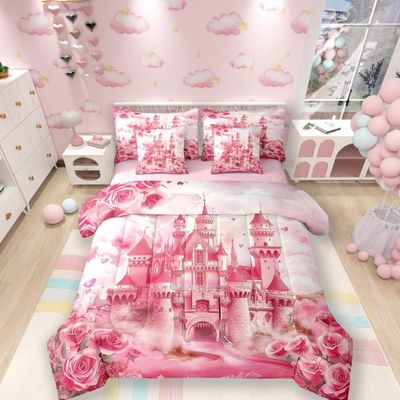 7 Pieces Tale Castle Princess Theme Kids Comforter Queen,Pink Castle Rose Flowers Dreamy Bedding Set,Cloud Rainbow Cute Pink SweetComforter+Fitted+Flat Sheet+2 Pillowcases+2 Throw Pillow Covers