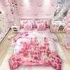 7 Pieces Tale Castle Princess Theme Kids Comforter Queen,Pink Castle Rose Flowers Dreamy Bedding Set,Cloud Rainbow Cute Pink SweetComforter+Fitted+Flat Sheet+2 Pillowcases+2 Throw Pillow Covers view 1