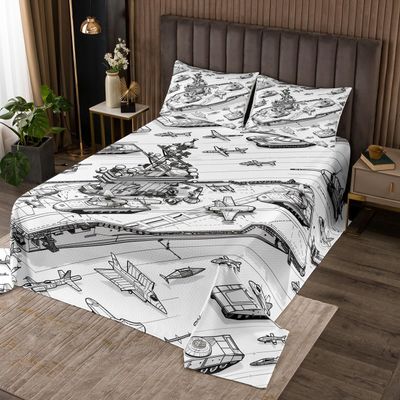 Aircraft Carrier Bedding Set Twin Size,Airplane Tank Print Bedspread,Flying Airplane Seaship Pattern Comforter Set for Kids Boys Teens Men Room Decor,Sketch Black White Quilt Coverlet 2Pcs