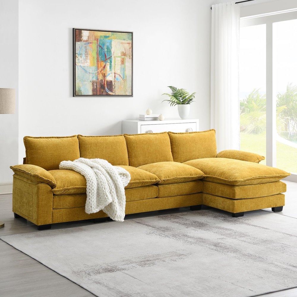 118" Convertible Sectional Sofa, L Shaped Couch with Reversible Chaise, Comfy Chenille 4 Seat Sofa with Double Seat Cushion for Living Room (Ginger)
