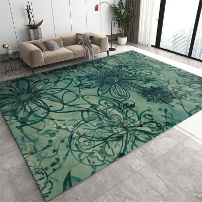 Abstract Green Flower and Grass Area Rug, Retro Line Plants Indoor Non Slip Bedroom Rug, Low Pile Fade Resistant Soft Rug for Living Room Kitchen Dining Room Home Office Floor Mat - 3 ft x 5 ft