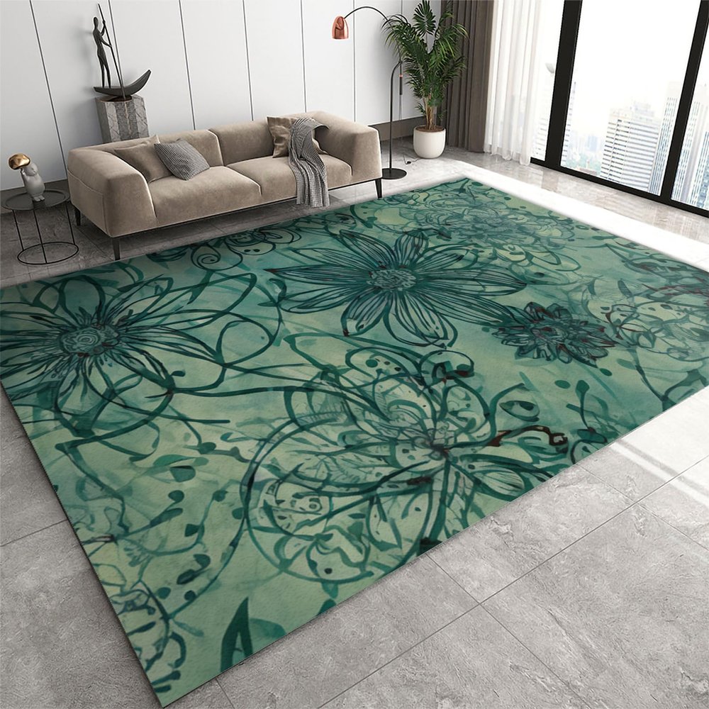 Abstract Green Flower and Grass Area Rug, Retro Line Plants Indoor Non Slip Bedroom Rug, Low Pile Fade Resistant Soft Rug for Living Room Kitchen Dining Room Home Office Floor Mat - 3 ft x 5 ft