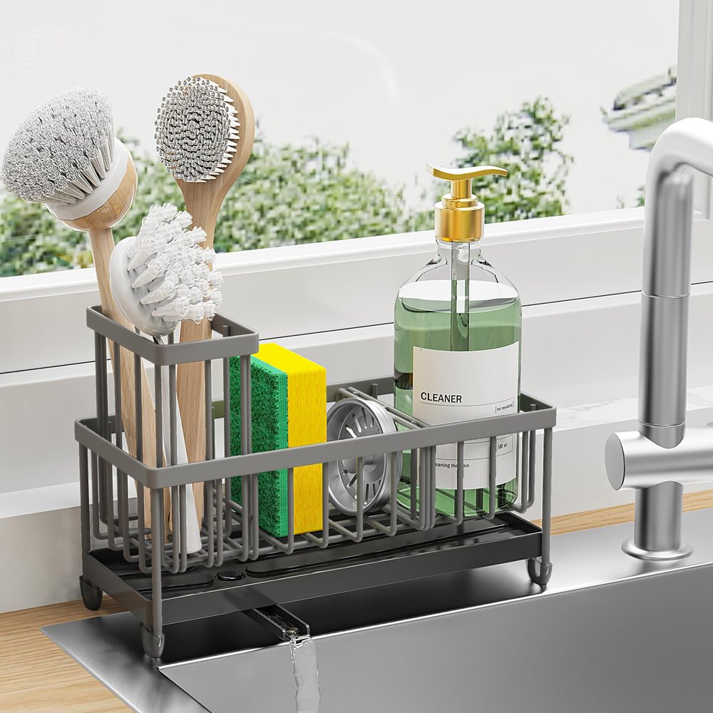 Cisily Sponge Holder for Kitchen Sink, Sink Caddy Organizer with High Brush Holder, Kitchen Countertop Organizers and Storage Essentials, Rustproof 304 Stainless Steel (Dark Grey, 9.25)