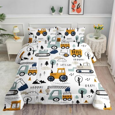 Smell Sunshine Cartoon Car Comforter Set Kids Construction Printed Bedding Set with 1 Comforter and 2 Pillowcases for Boys and Girls Bedroom All Season(Car Full)