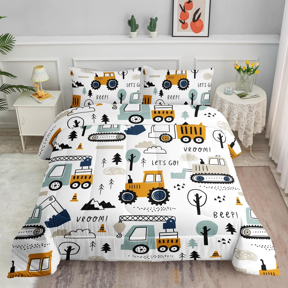 Smell Sunshine Cartoon Car Comforter Set Kids Construction Printed Bedding Set with 1 Comforter and 2 Pillowcases for Boys and Girls Bedroom All Season(Car Full)