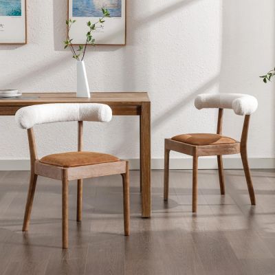chairus Mid Century Dining Chairs Set of 2 Comfy PU Wooden Side Chairs with White Sherpa Upholstered Curved Open Back Farmhouse Kitchen Chair Sets for Living Room/Reception Room, Brown