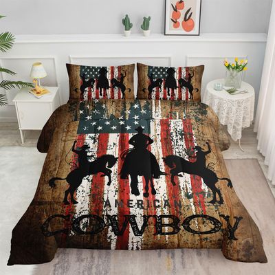 Smell Sunshine Western Cowboy Comforter Set American Flag Printed Bedding Set with 1 Comforter and 2 Pillowcases for Boys and Girls Bedroom All Season(Cowboy Queen)