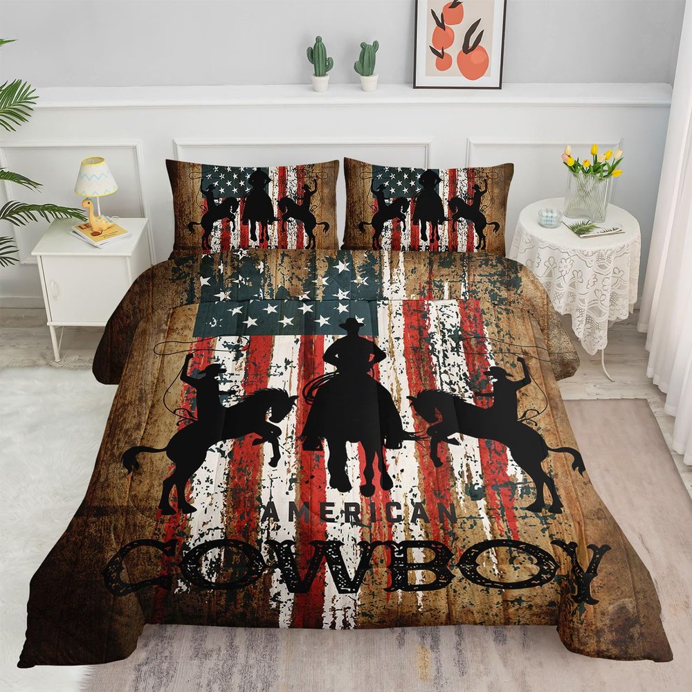 Smell Sunshine Western Cowboy Comforter Set American Flag Printed Bedding Set with 1 Comforter and 2 Pillowcases for Boys and Girls Bedroom All Season(Cowboy Queen)