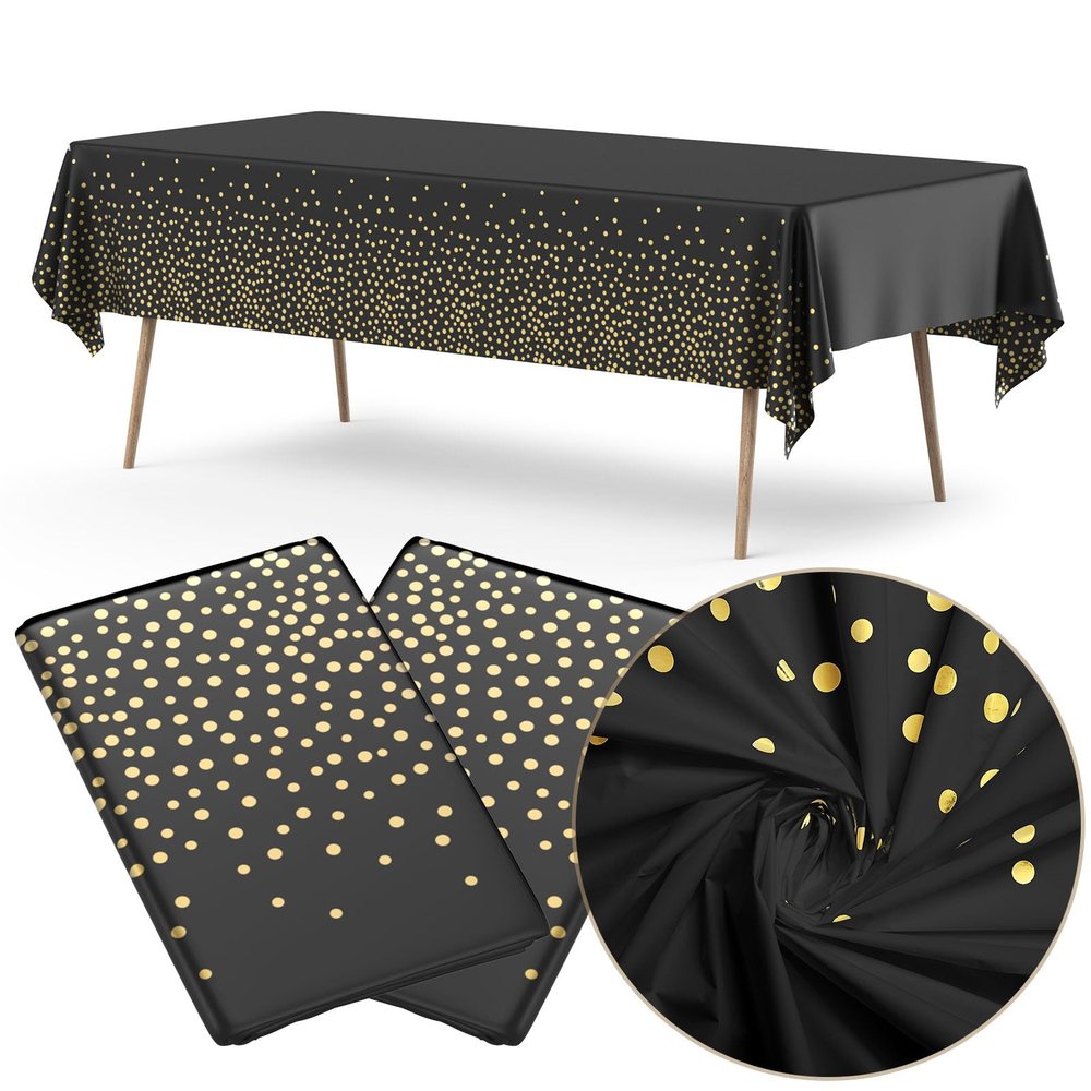 2 Pack Plastic Table Cloth Disposable, 54x108 Black and Gold Table Cloths for Parties, Waterproof and Greaseproof Gold Dot Rectangles Tablecloth for Party Decorations BBQ, Wedding, Fine Dining
