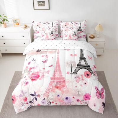 Feelyou Eiffel Tower Comforter Set with Sheets Full Size Paris 7 Piece Bedding Set for Adult Boys Girls Teens Pink Flower and Butterfly Bed in a Bag Romantic Art Bed Set