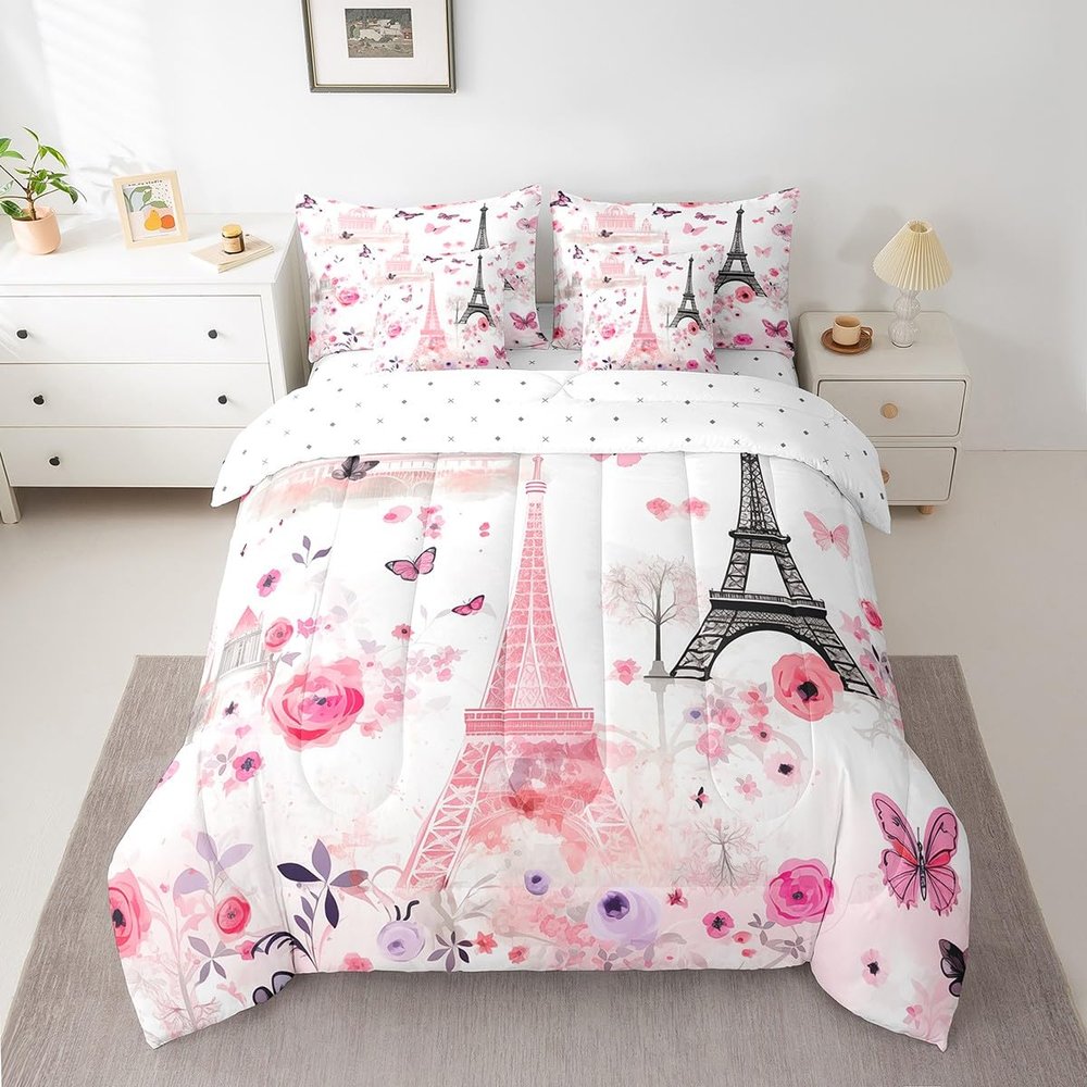 Feelyou Eiffel Tower Comforter Set with Sheets Full Size Paris 7 Piece Bedding Set for Adult Boys Girls Teens Pink Flower and Butterfly Bed in a Bag Romantic Art Bed Set