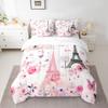 Feelyou Eiffel Tower Comforter Set with Sheets Full Size Paris 7 Piece Bedding Set for Adult Boys Girls Teens Pink Flower and Butterfly Bed in a Bag Romantic Art Bed Set view 1
