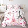 Feelyou Eiffel Tower Comforter Set with Sheets Full Size Paris 7 Piece Bedding Set for Adult Boys Girls Teens Pink Flower and Butterfly Bed in a Bag Romantic Art Bed Set view 3