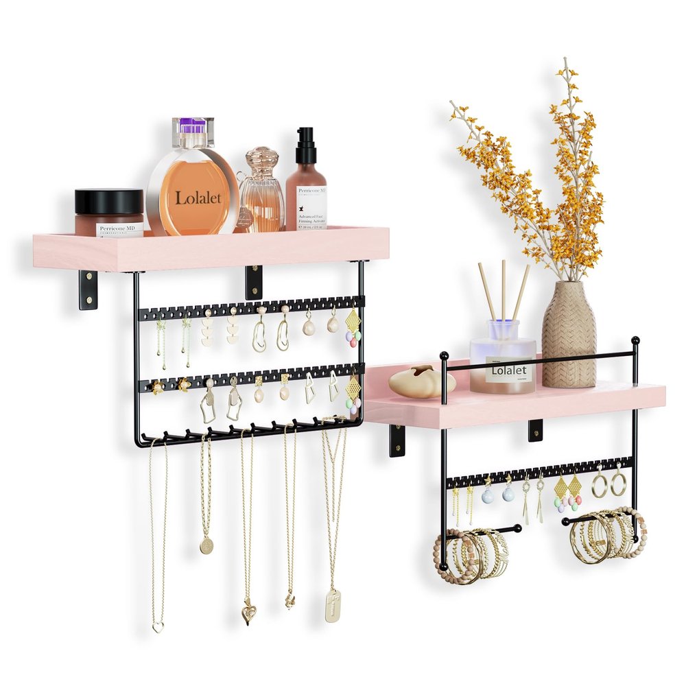 Lolalet Hanging Jewelry Organizer Wall Mount with Earrings Bracelets Necklaces Hooks, Easy Install Free Combination Holder for Wall Bathroom - Set of 2, Pink