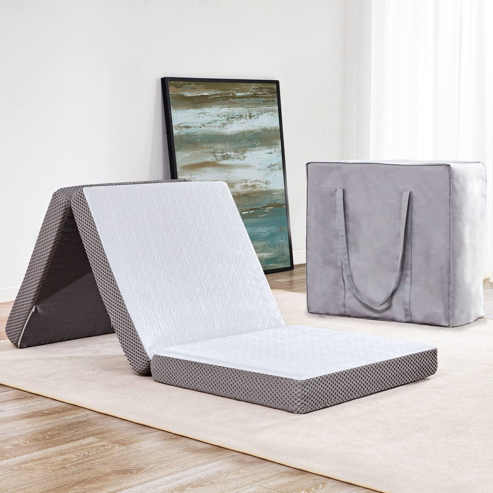 Kingfun Foldable Mattress 4 Inch Folding Mattress Tri-fold Gel Memory Foam Breathable with Storage Bag, Portable Floor Guest Bed Soft for Sleeping Camping, Gray, Twin XL Size