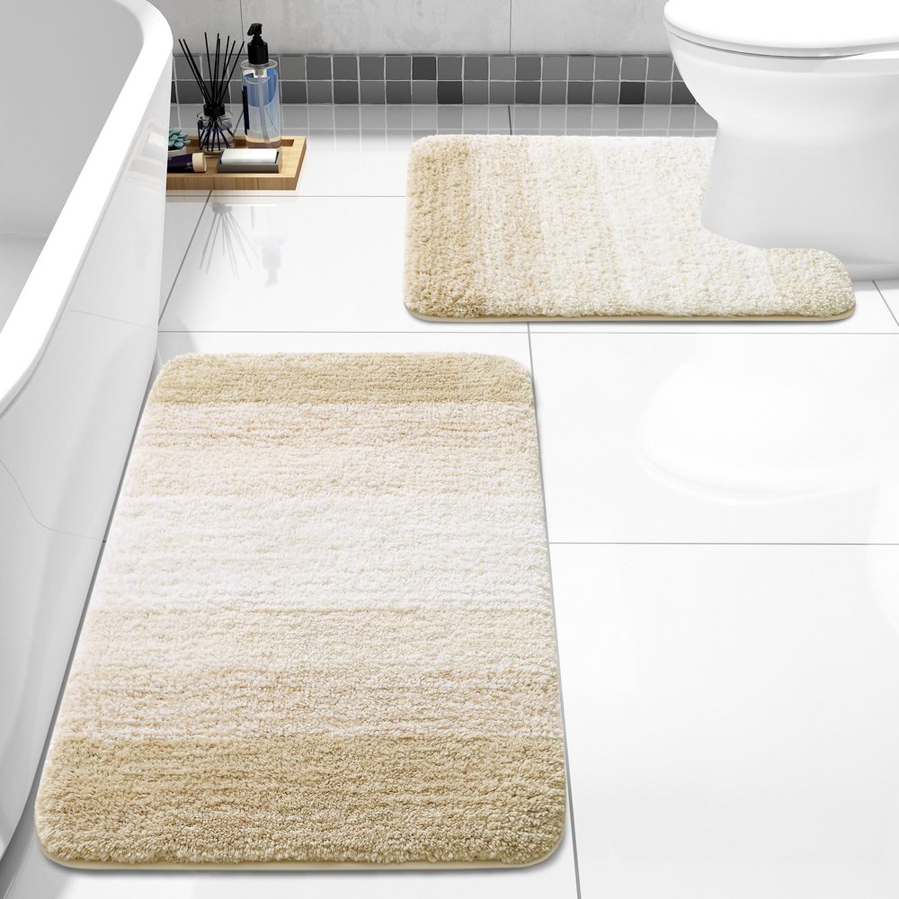 Arotive Bathroom Rugs Sets 2 Piece, Soft Absorbent Microfiber Bath Mats and U-Shaped Contour Toilet Rug, Non-Slip Machine Washable Dry Bath Mats for Bathroom, 24x16 and 24x20, Light Beige