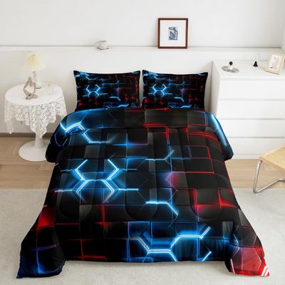 Feelyou Blue and Red Bedding Set King Size Honeycomb Comforter Set for Kids Boys Girls Decor Hexagon Theme Comforter Geometrical Beehive Duvet Set
