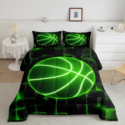 Feelyou Basketball Comforter Set King Size Kids Gaming Sports Comforter for Boys Teens Green and Black Bedding Set Geometric Honeycomb Duvet Set Room Decor Quilt Set