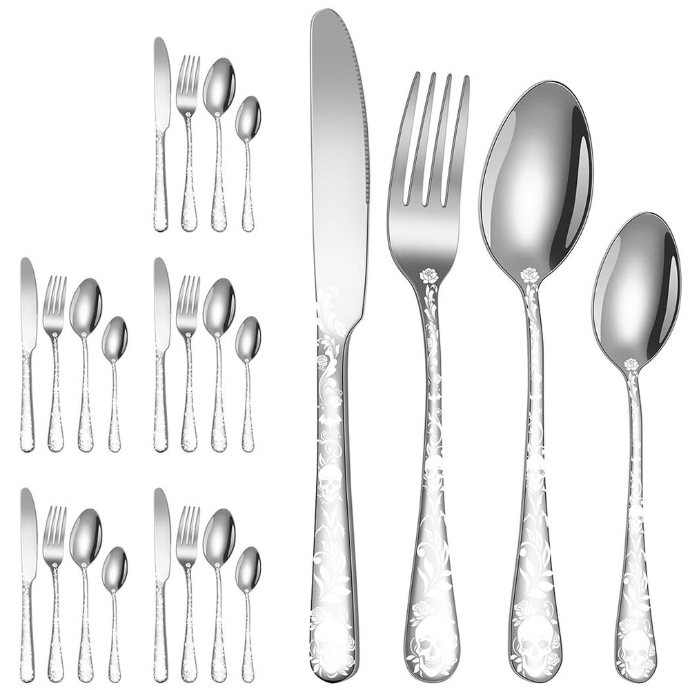 XIAOYU Halloween Skeleton Silverware Set, 24 Piece Stainless Steel Flatware Set Service for 6, Gothic Skull Cutlery Set Utensils for Halloween Easter Christmas, Silver