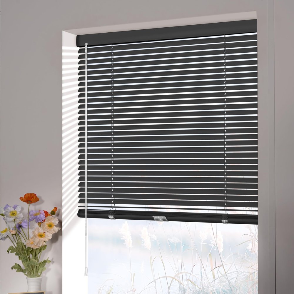 MoDanCeQ Aluminum Mini Blinds for Windows 1" Slat Horizontal Cordless Room Darkening Venetian Blinds Anti-UV Waterproof Metal Spotblinds Window Shades for Home, Black, 28.5" W x 72" H