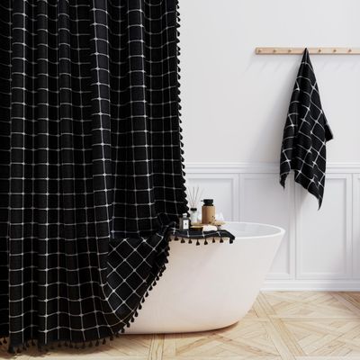 BTTN Extra Long Shower Curtain - 72x96 Inch Long Boho Linen Fabric Heavy Duty Shower Curtain Set with Plastic Hooks, Tall Farmhouse Aesthetic Cute Tassel Shower Curtains for Bathroom, Black and White