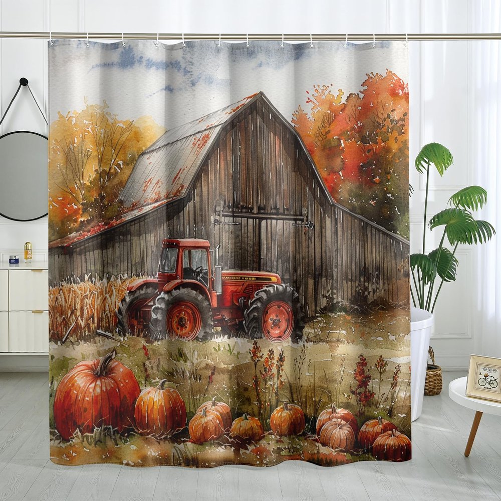 TPHIHPT Fall Red Tractor Shower Curtain Set 72''x78'' with Hooks, Autumn Farmhouse Rustic Bathroom Decor, Farm Pumpkin Bath Accessories Polyester Fabric
