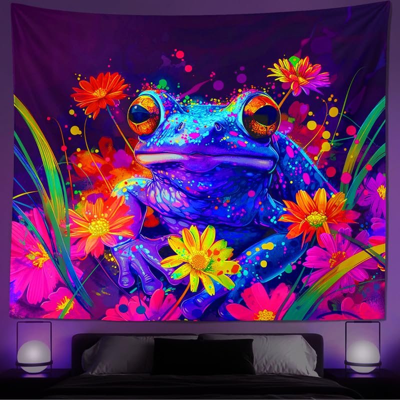 Wergund Frog Blacklight Tapestry, UV Reactive Frog Tapestry, Frog Tapestry Glow in Dark Aesthetic Wall Hanging for Home Bedroom Living Room Decor - 51 x 59 Inches-406