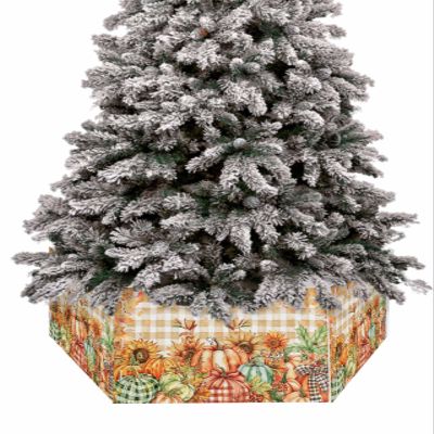 Christmas Tree Collar, Orange Plaid Pumpkins Fall Thanksgiving Tree Skirts Xmas Tree Trunk Ring Collar Box Stand Cover for Artificial Trees Base Holder Cover Festival Decor Maple Leaf 6PCS-17x10
