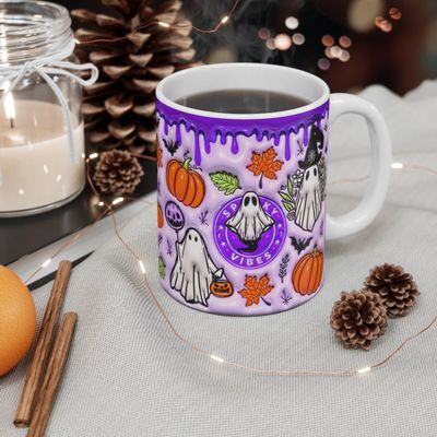 3D Effect Halloween Mug, Spooky Ghost Vibes, Pumpkin Spice Coffee Lover Gift, Autumn Fall Novelty Present, 3D Effect (Design #3)