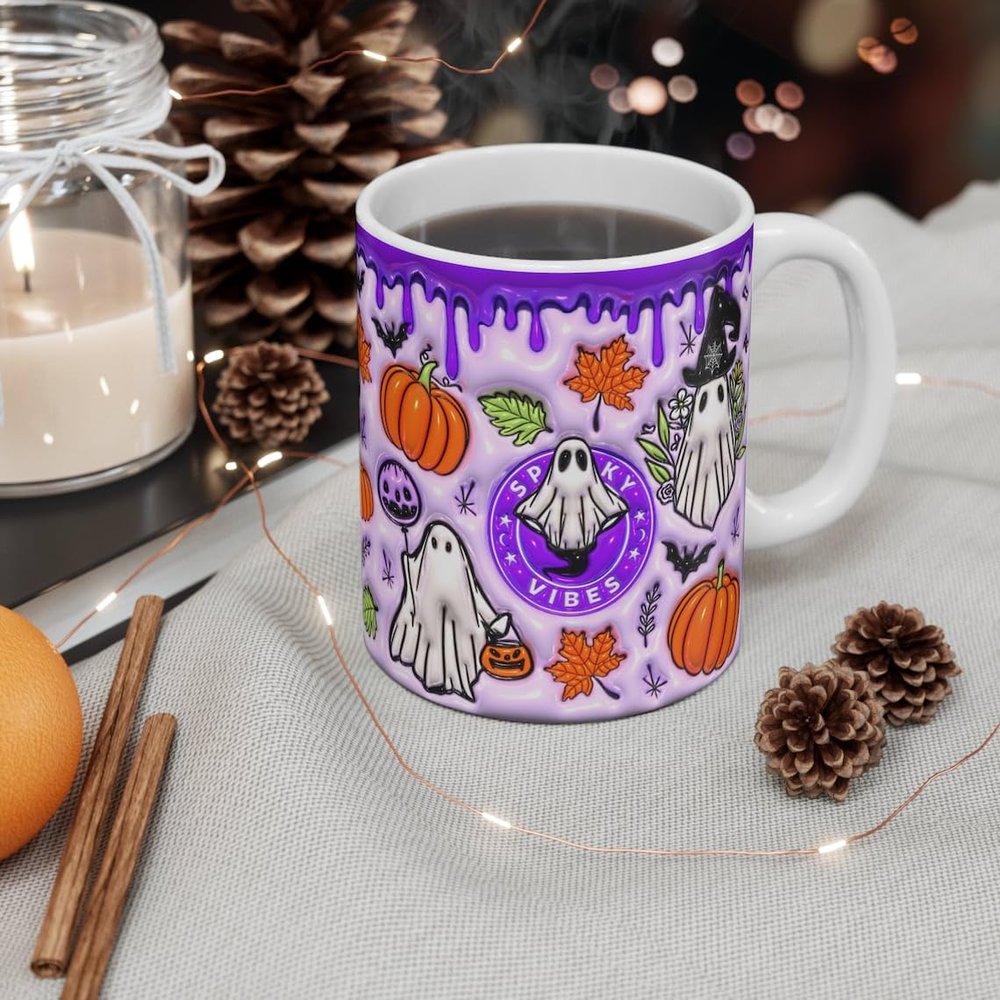 3D Effect Halloween Mug, Spooky Ghost Vibes, Pumpkin Spice Coffee Lover Gift, Autumn Fall Novelty Present, 3D Effect (Design #3)