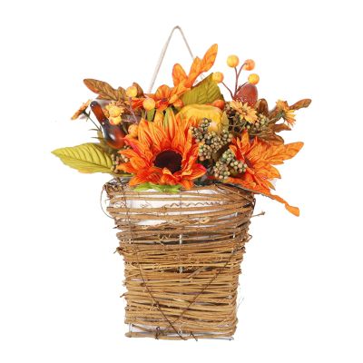 FOERPL Fall Sunflower Basket for Front Door Decor Fall Flower Wreaths Hanging Door Basket Halloween Welcome Sign for Farmhouse Porch Halloween Thanksgiving Home Decor