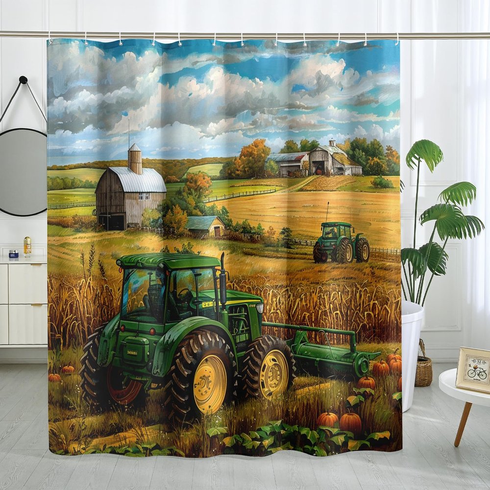 TPHIHPT Fall Green Tractor Shower Curtain, Autumn Cool Farmhouse Scene Shower Curtains for Bathroom, Farm Country Fabric Bath Decor Accessories Set -72"x72"