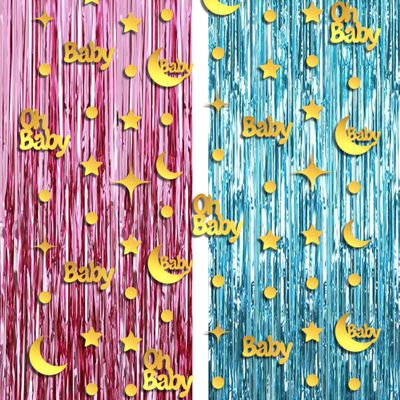 KatchOn, Large Pink and Blue Foil Fringe - 6.4x8 Feet, Pack of 2 | Gold Oh Baby Banner Garland - 8 Feet | Girl or Boy Gender Reveal Decorations | Baby Shower Party Supplies | Baby Shower Decorations