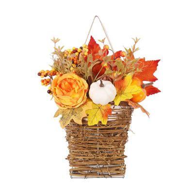 Marooma Artificial Peony Pumpkin Door Hanging Basket Wreath, Door Hanger Basket Wreath, Fall Hanging Peony Pumpkin Wall Hanging Basket Wreath, Fall Wildflower Door Hanging Basket Wreath Peony Basket