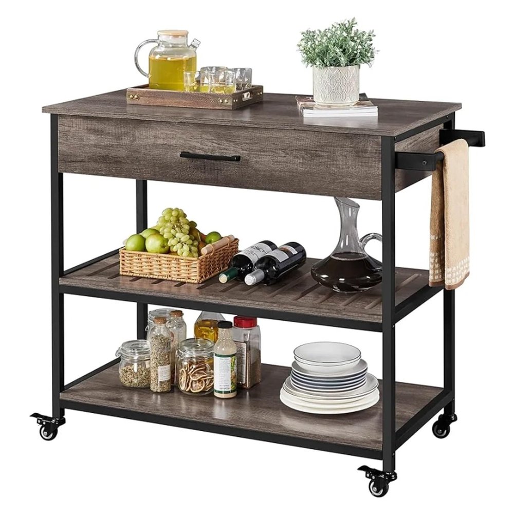 ZHFytsh-0668 Storage Shelf Cart Kitchen Island on Wheels with Storage Drawer & Shelves, 3-Tier Utility Kitchen Cart with Towel Rack & Lockable Multifunction Trolley