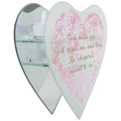Elanze Designs God Made You and Me - He Whispered Meant to Be - 8x2.5 Inch Pink with White Frosted Glass - Wall Mounted Heart Shaped Candle Holder - 3 LED Tealight Candles Included