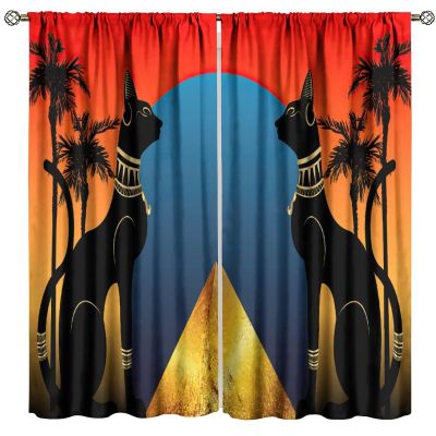 Ancient Egyptian Africa Cat Curtain Mysterious Egyptian Pyramids Black Cat Window Treatment for Living Room Bedroom Rod Pocket Blackout Home Decor Window Drapes 84" W X 84" L