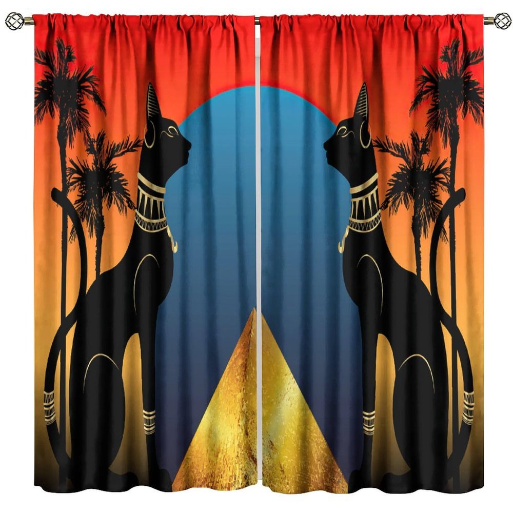 Ancient Egyptian Africa Cat Curtain Mysterious Egyptian Pyramids Black Cat Window Treatment for Living Room Bedroom Rod Pocket Blackout Home Decor Window Drapes 84" W X 84" L