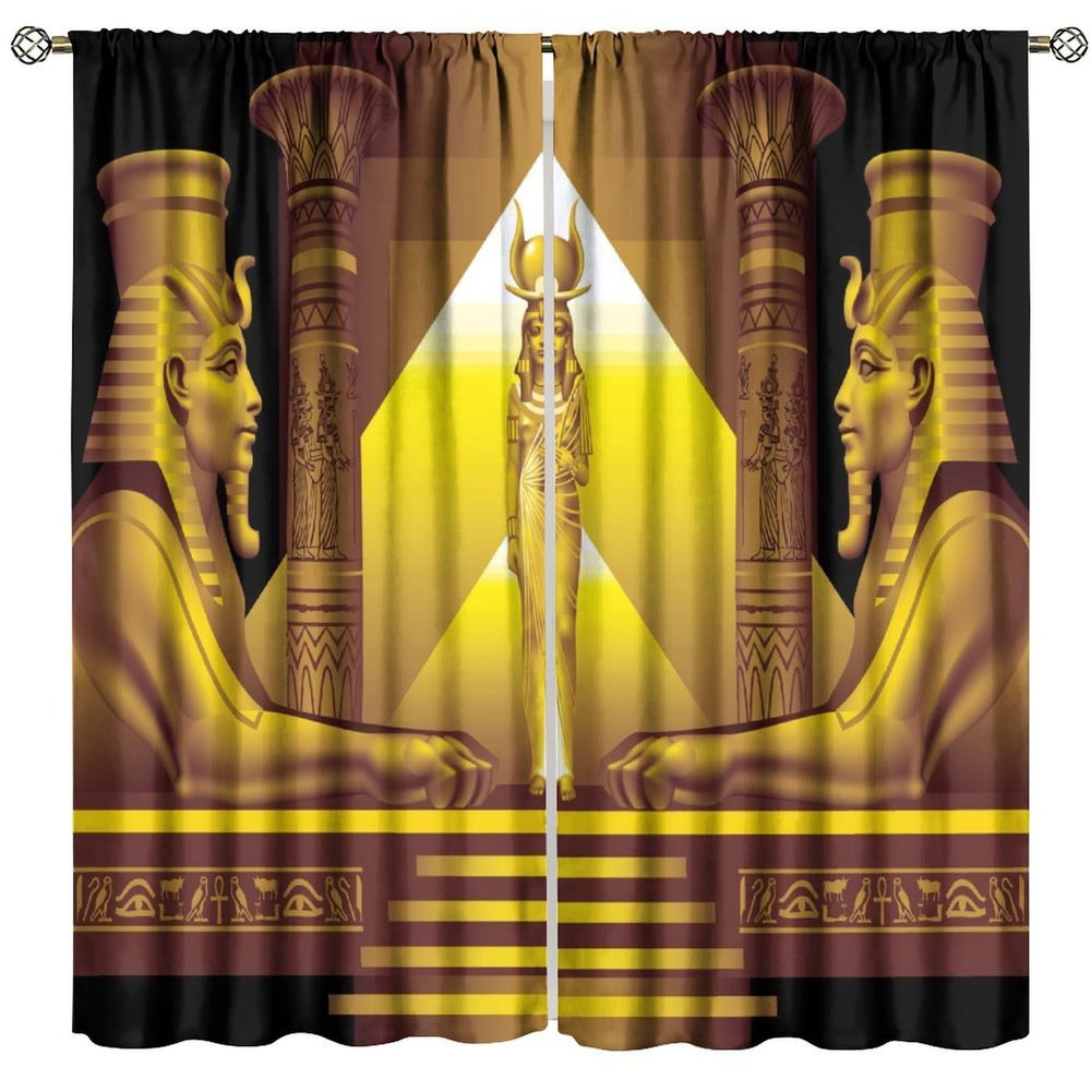 Ancient Egyptian Blackout Curtains Golden Egyptian Lion Architecture Old History Mural Window Treatment for Living Room Bedroom Rod Pocket Blackout Home Decor Window Drapes 42" W X 45" L