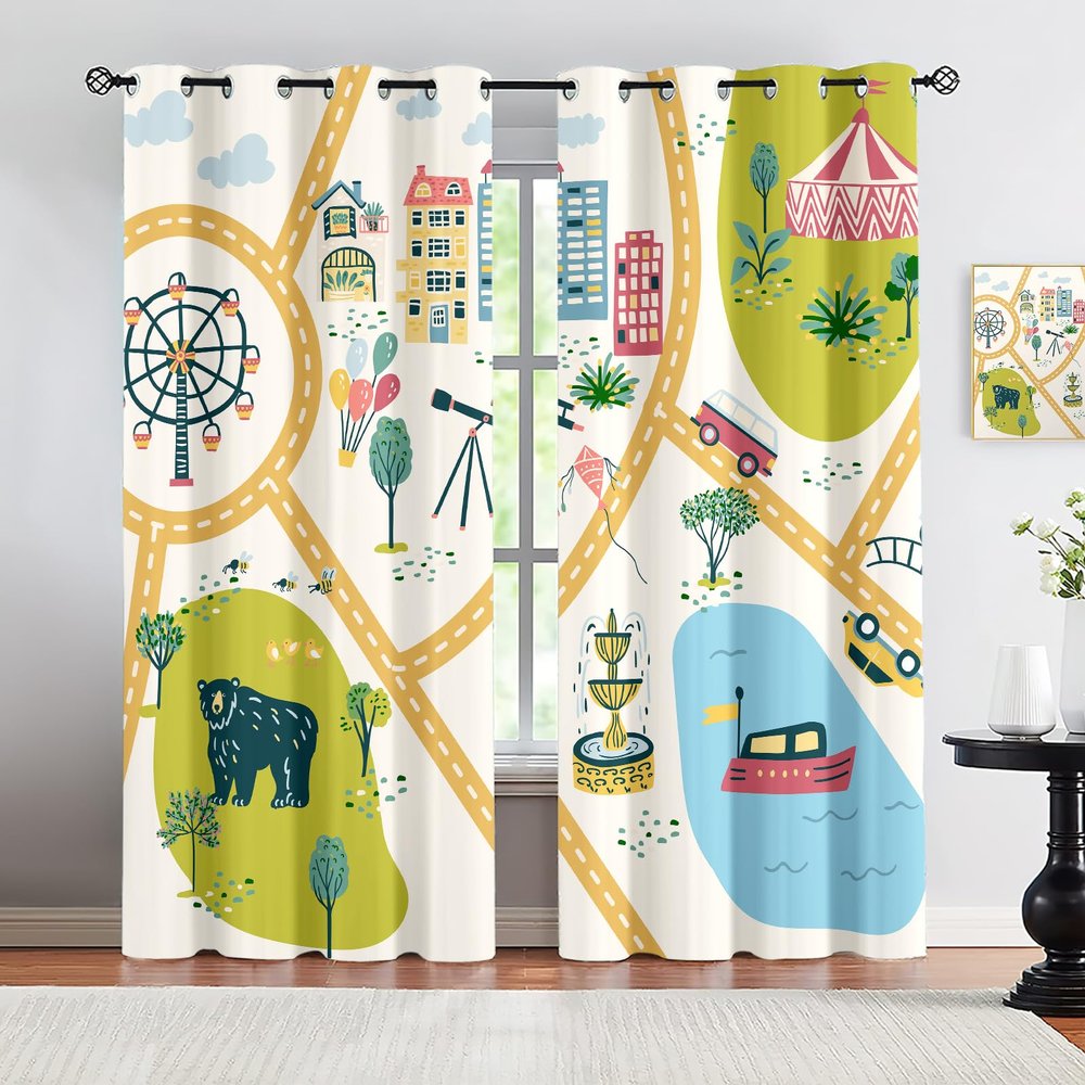 Cartoon-Style Playground And City Map Print Curtain, Kids Entertainment Facilities Blackout Window Curtain, Grommet Thermal Insulated Window Curtain, for Bedroom Living Room Home Decor - 42x63in