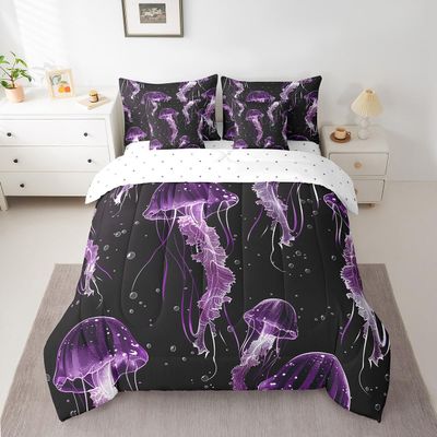 Feelyou Girls Jellyfish Bedding Set for Kids Ocean Creature Comforter Set Queen Size 7 Pieces Purple Jellyfish Bed in a Bag Marine Sealife Bed Set with Comforter, Sheet Set, Pillowcases, Pillow Covers